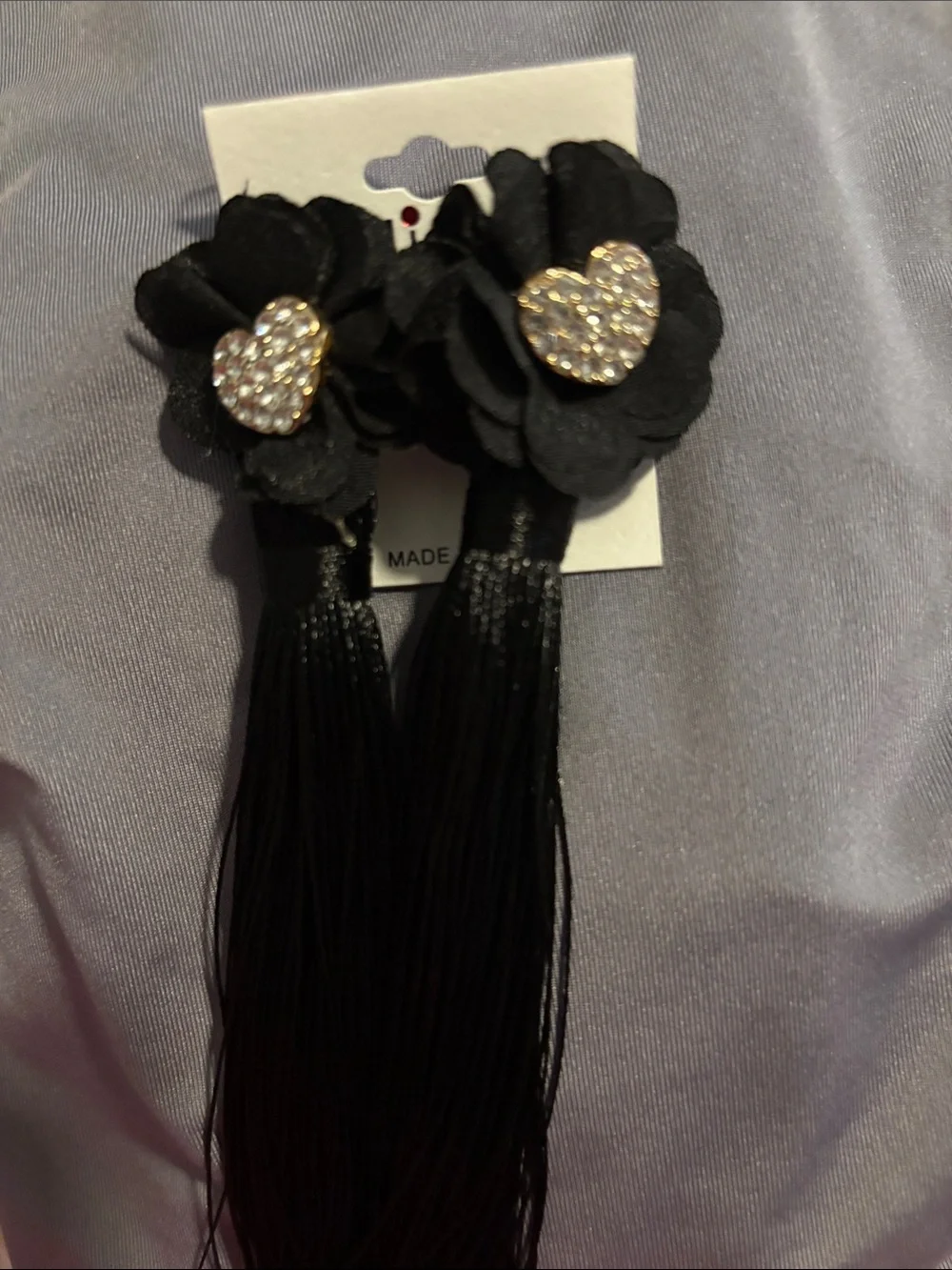 Black Floral Tassel Hair Clips with Crystal Heart Accent